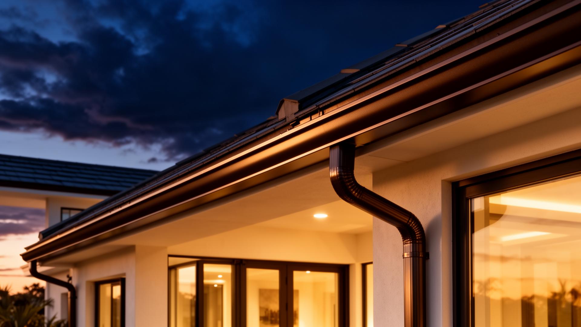 Modern Gulf Coast home with new seamless gutters at twilight